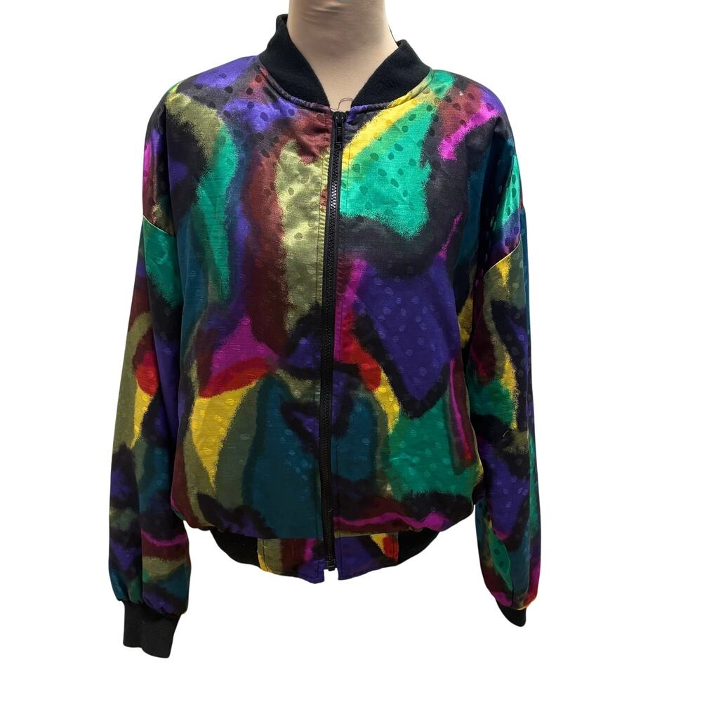 Vintage 80's Multicolor Satin Jacquard Geo Print Bomber Jacket Avant Garde Indie
